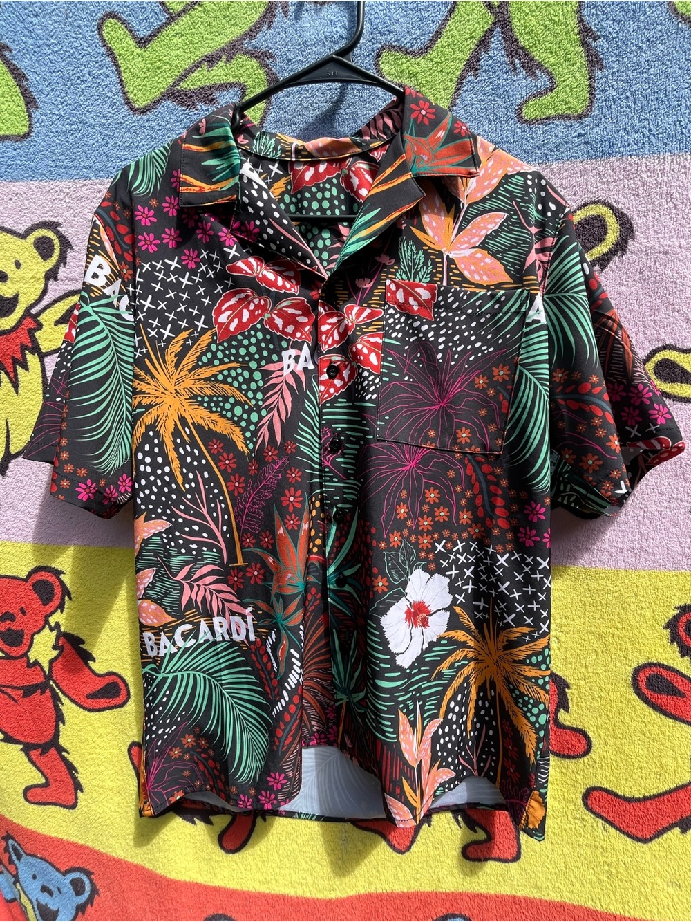 Bacardi party bar, bartender Black Tropical Print Short Sleeve Shirt button up